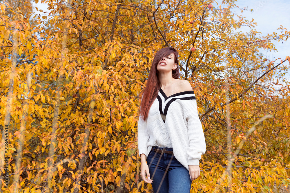 Red-haired girl in a white sweater posing in the autumn forest Red-haired girl in a white sweater posing in the autumn forest