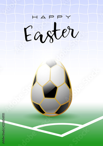 Happy Easter. Sports greeting card. Realistic soccer ball in the shape of Easter egg. Vector illustration.