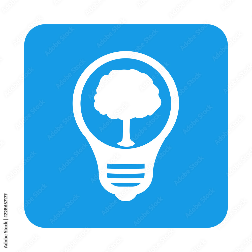 Icono plano bombilla con arbol en cuadrado azul Icono plano bombilla con arbol en cuadrado azul