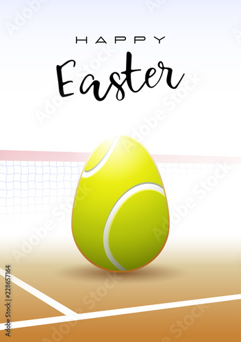 Happy Easter. Sports greeting card. Realistic tennis ball in the shape of Easter egg. Vector illustration.