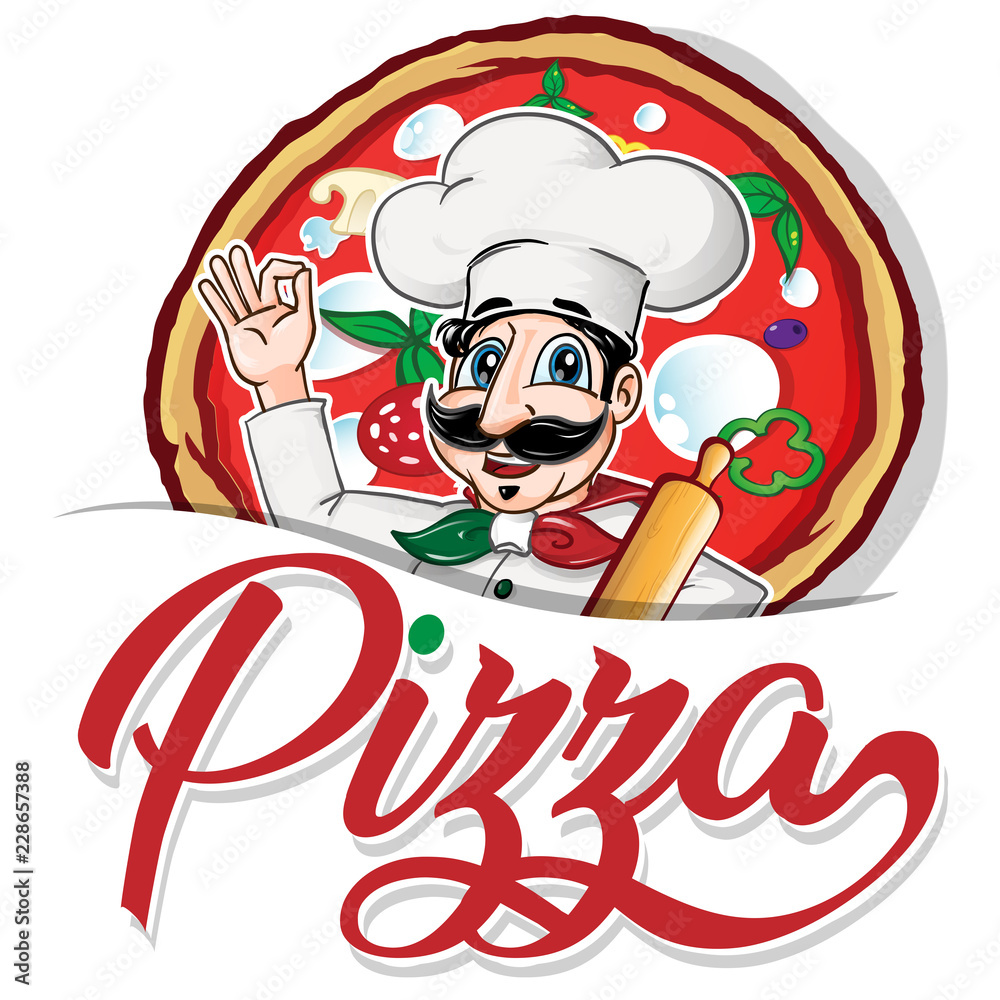 Emblem Of Funny Italian Chef On Pizza Background Emblem Of Funny Italian Chef On Pizza Background