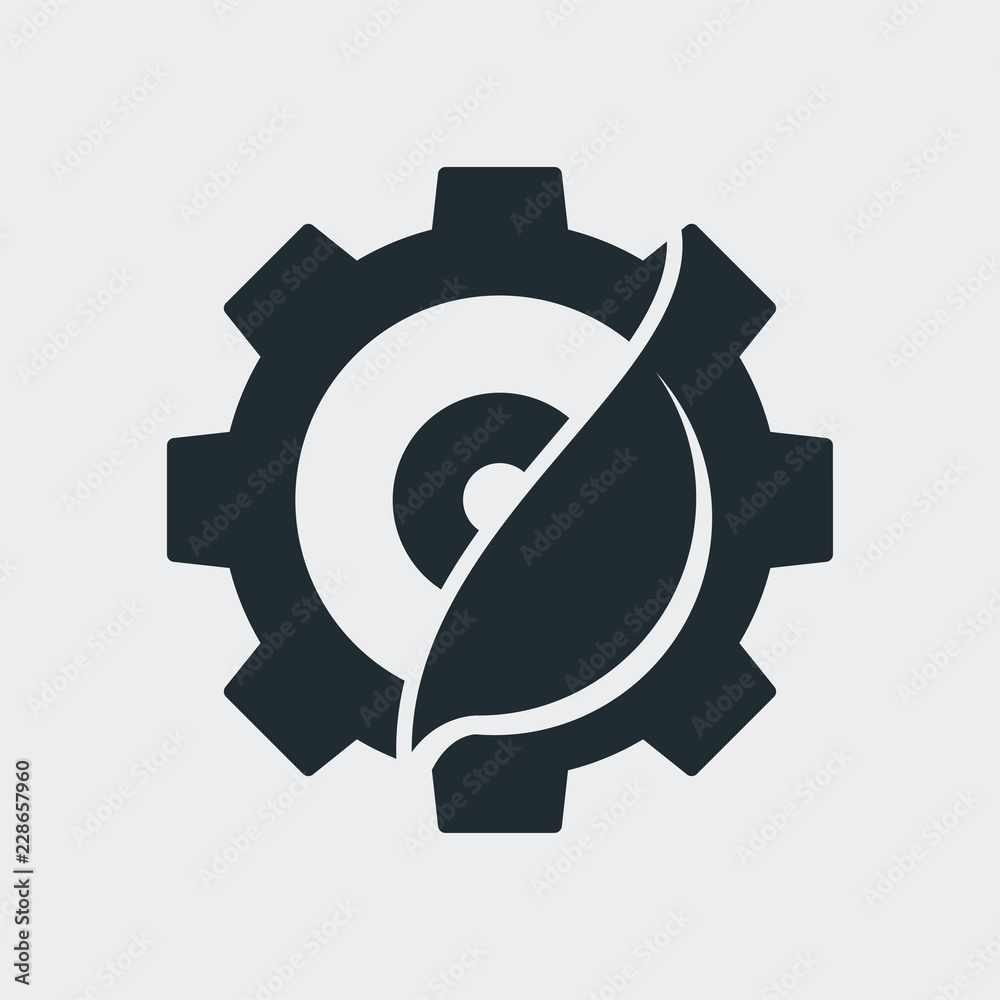 Icono plano engranaje y hoja en fondo gris Icono plano engranaje y hoja en fondo gris