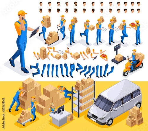 Isometric set 2 Create your character, courier, man from the delivery service. Set of gestures of hands, feet, emotions of the character, a set of different hairstyles