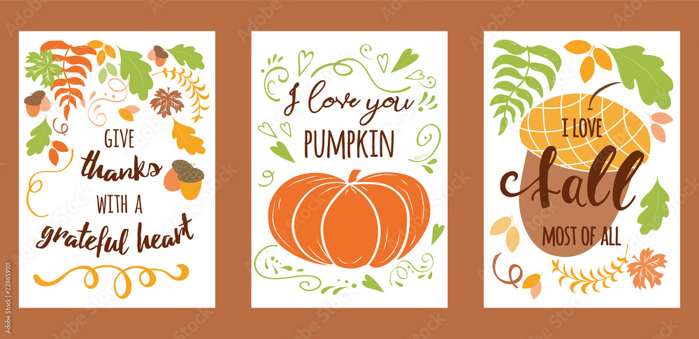 Cartoon vector hand drawn autumn Happy Thanksgiving Day cards. Vertical banners design templates set
