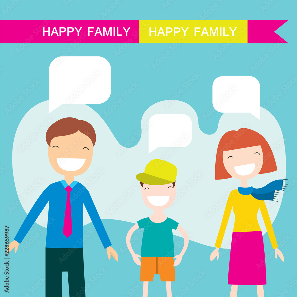 Happy family members parents and their son. Lovely cartoon characters with speech bubbles.Vector illustration