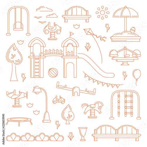 Outdoor clip art with kids playground equipment. Linear style vector elements. Suitable for childrens illustration