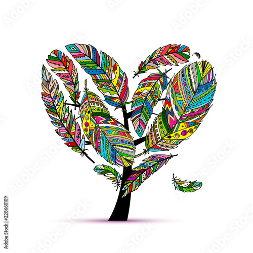 Love tree made from colorful feathers