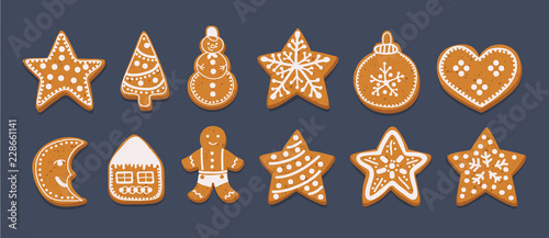 Gingerbread Cookies set on dark background.
