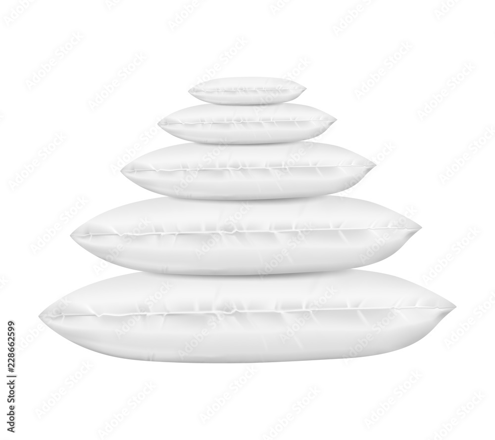 Vector 3d realistic pile of comfortable square pillows, side view. Template, mock up of white fluffy cushion for relaxation, sleep. Dauber set for nap, bedding, rest. Vector 3d realistic pile of comfortable square pillows, side view. Template, mock up of white fluffy cushion for relaxation, sleep. Dauber set for nap, bedding, rest.