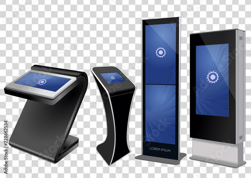 Four Promotional Interactive Information Kiosk, Advertising Display, Terminal Stand, Touch Screen Display isolated on transparent background. Mock Up Template.