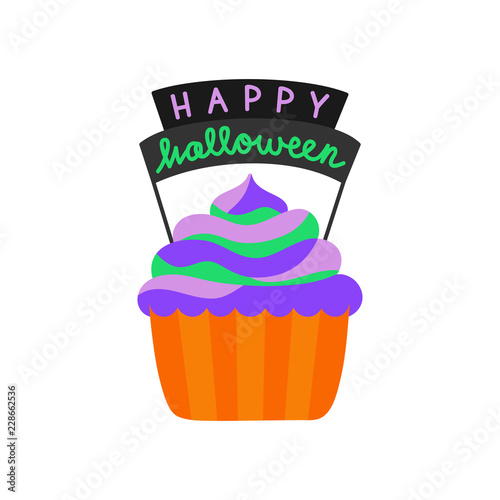 Cute hand drawn cupcake vector illustration. Halloween themed and decorated cupcake in orange paper cup with colorful frosting and Happy halloween writing  isolated.