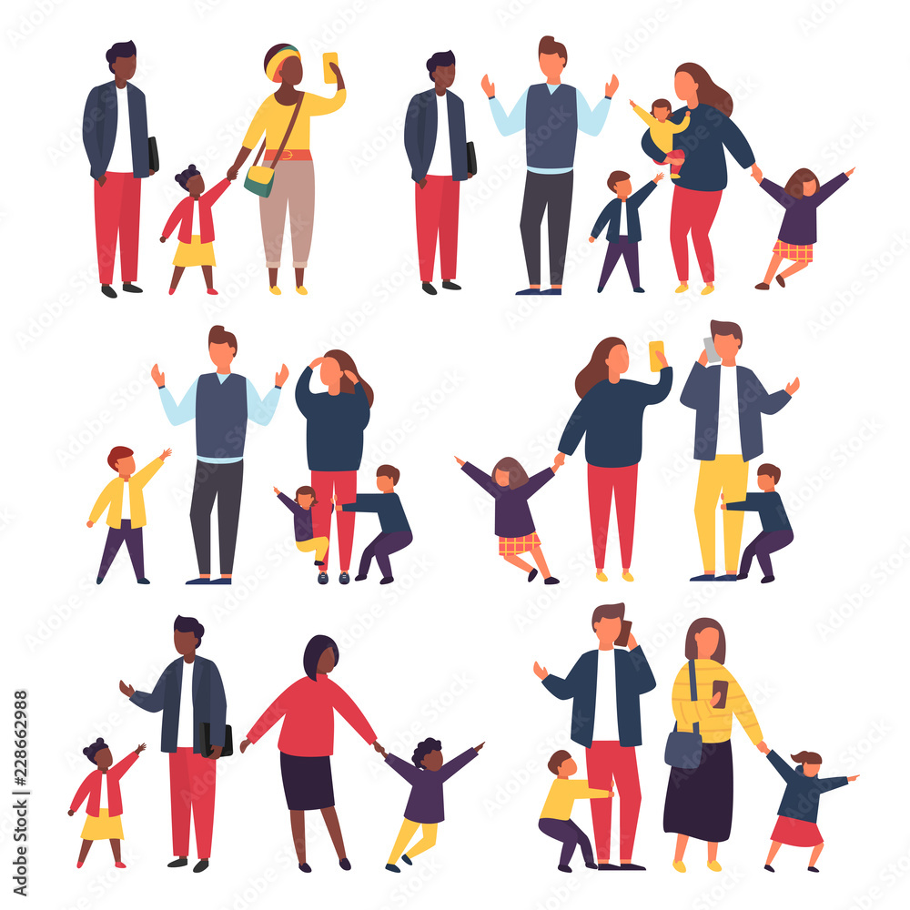 Family with kids. Busy and tired parents with naughty children. Vector illustration