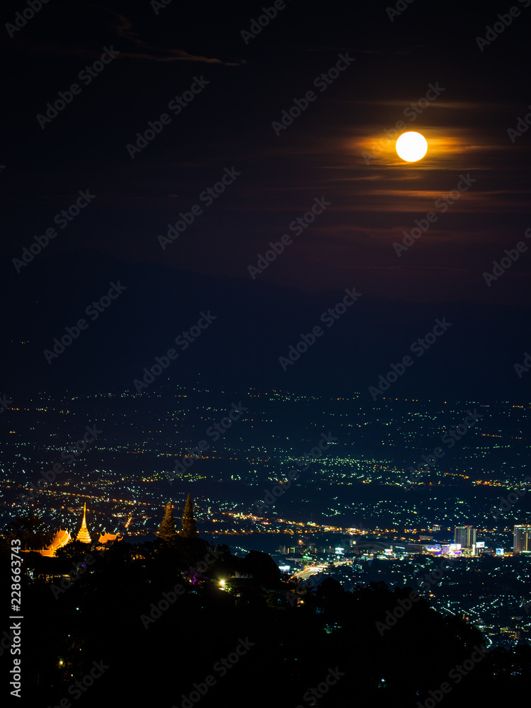 Chiang Mai landscape and red full moon and clouds