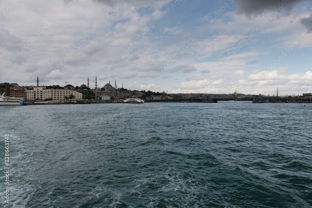 Touristic boats in Golden Horn bay of Istanbul