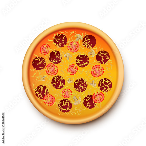 Cartoon hot pizza, top viewm isolated on white