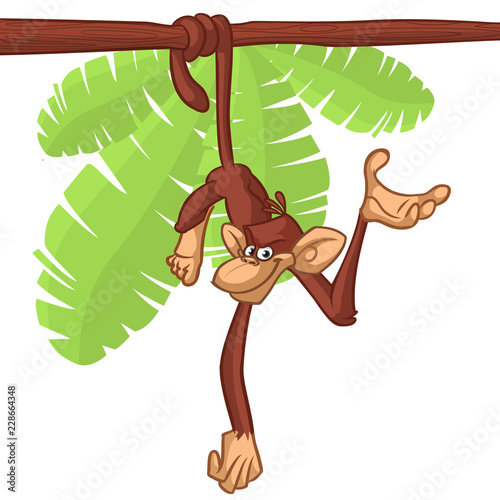 Cute Monkey Chimpanzee Hanging  On Wood Branch Flat Color Simplified Vector Illustration In Fun Cartoon Style Design photo