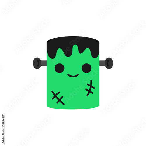 Cute hand drawn spooky frankenstein monster vector illustration. Halloween green zombie with black hair, scars and grey nails in head, isolated.