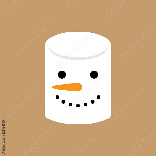 Cute simple snowman marshmallow vector illustration. Snowman face, sweet marshmallow candy icon, isolated on brown background.