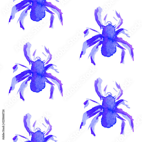 Watercolor seamless pattern of blue purple spider to Halloween. photo