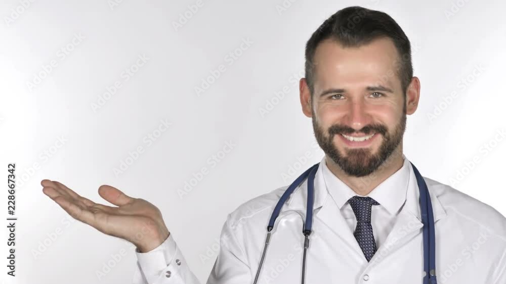 Doctor Showing Product at Side, White Background Doctor Showing Product at Side, White Background
