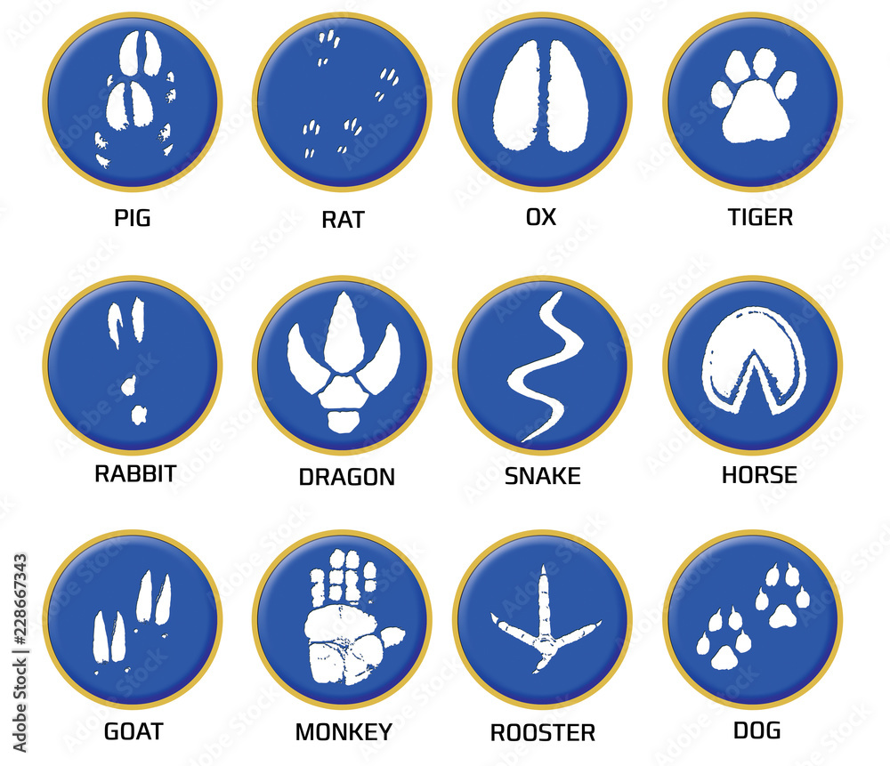 Chinese zodiac signs icons set on blue round background.  Paw prints marks , footprints of rat, mouse, snake, dragon, pig, rooster, rabbit, horse, monkey, dog, tiger, ox, bull. Illustration