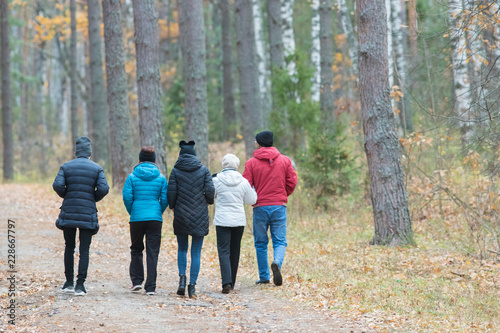 a group of unrecognizable people walking in the woods