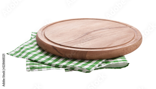 Pizza board, with napkin isolated. Top view mockup