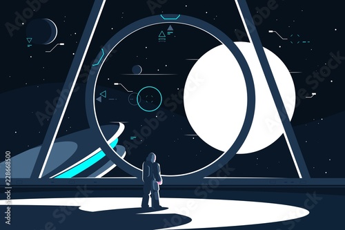 Spacesuit astronaut in spaceship looking at moon.