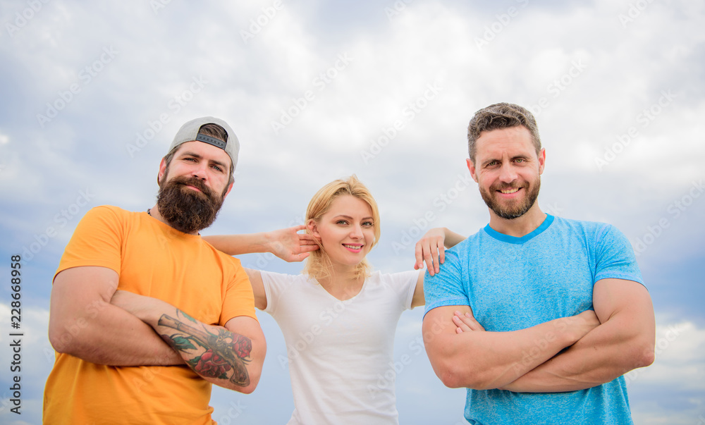Woman and men look confident while stay close each other like team. Confident in teammates. Feel comfortable with friends teammates. Trust and support attributes of true team. Strength in unity Woman and men look confident while stay close each other like team. Confident in teammates. Feel comfortable with friends teammates. Trust and support attributes of true team. Strength in unity
