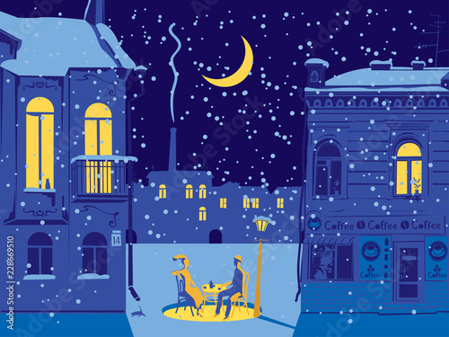 Vector winter cityscape with snow-covered street of the old town. Street cafe with a couple in love on a moonlit night. Romantic scene