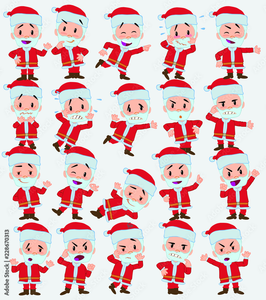 Cartoon character Santa Claus. Set with different postures, attitudes and poses, doing different activities in isolated vector illustrations.