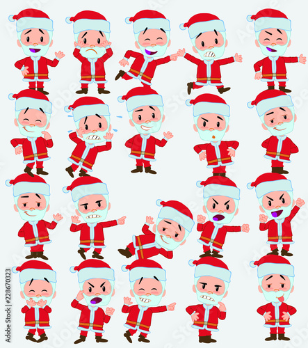 Cartoon character Santa Claus. Set with different postures, attitudes and poses, doing different activities in isolated vector illustrations.