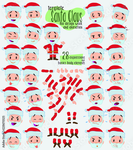 Santa Claus. Twenty eight expressions and basics body elements, template for design work and animation. Vector illustration to Isolated and funny cartoon character.