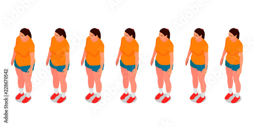 Seven identical girls show the process of losing weight. Isometric girls with different weight.