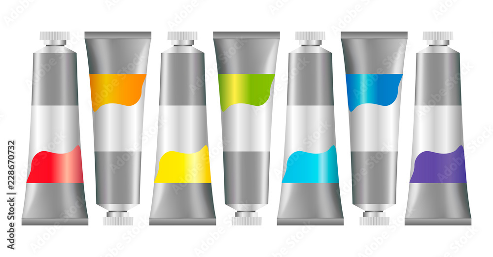 Realistic 3d oil paint tubes. Mockup set of metallic tubes for oil or acrylic paint. Vector illustration. Realistic 3d oil paint tubes. Mockup set of metallic tubes for oil or acrylic paint. Vector illustration.