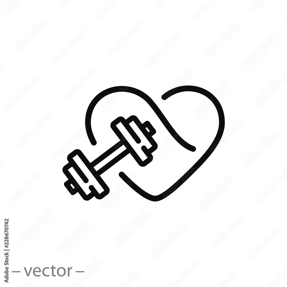 heart gym icon, fitness logo, linear sign isolated on white
