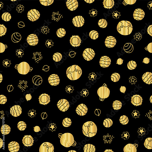 Gold foil space planets seamless vector pattern background. Golden hand drawn cosmic elements planets stars on black backdrop. For school supplies, kids decor, gift wrap, birthday, Christmas New Year