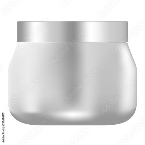 Silver cosmetic jar with lid. Realistic Vector Illustration. Glass or plastic package for body cream, butter, scrub, bath salt, gel, skin care, powder. 3d mockup design.