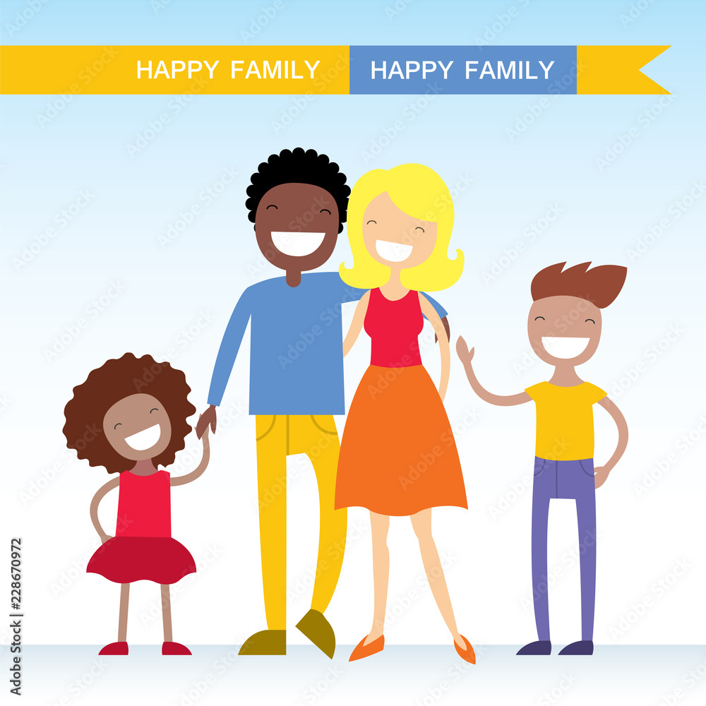 Portrait of four member of mixed race family posing together and happy smiling. Lovely cartoon characters.Vector illustration Portrait of four member of mixed race family posing together and happy smiling. Lovely cartoon characters.Vector illustration