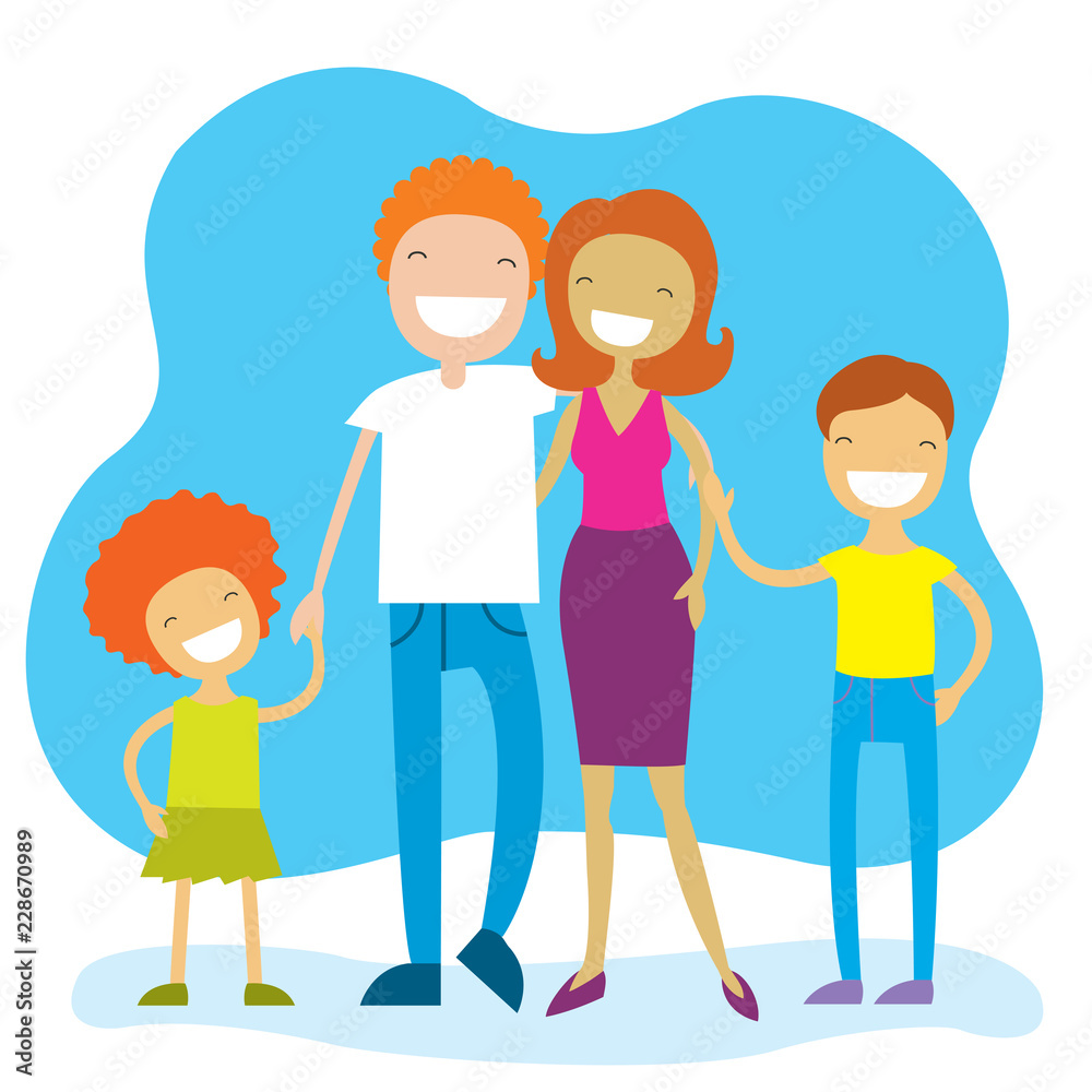 Portrait of four member family posing together and happy smiling. Lovely cartoon characters.Vector illustration