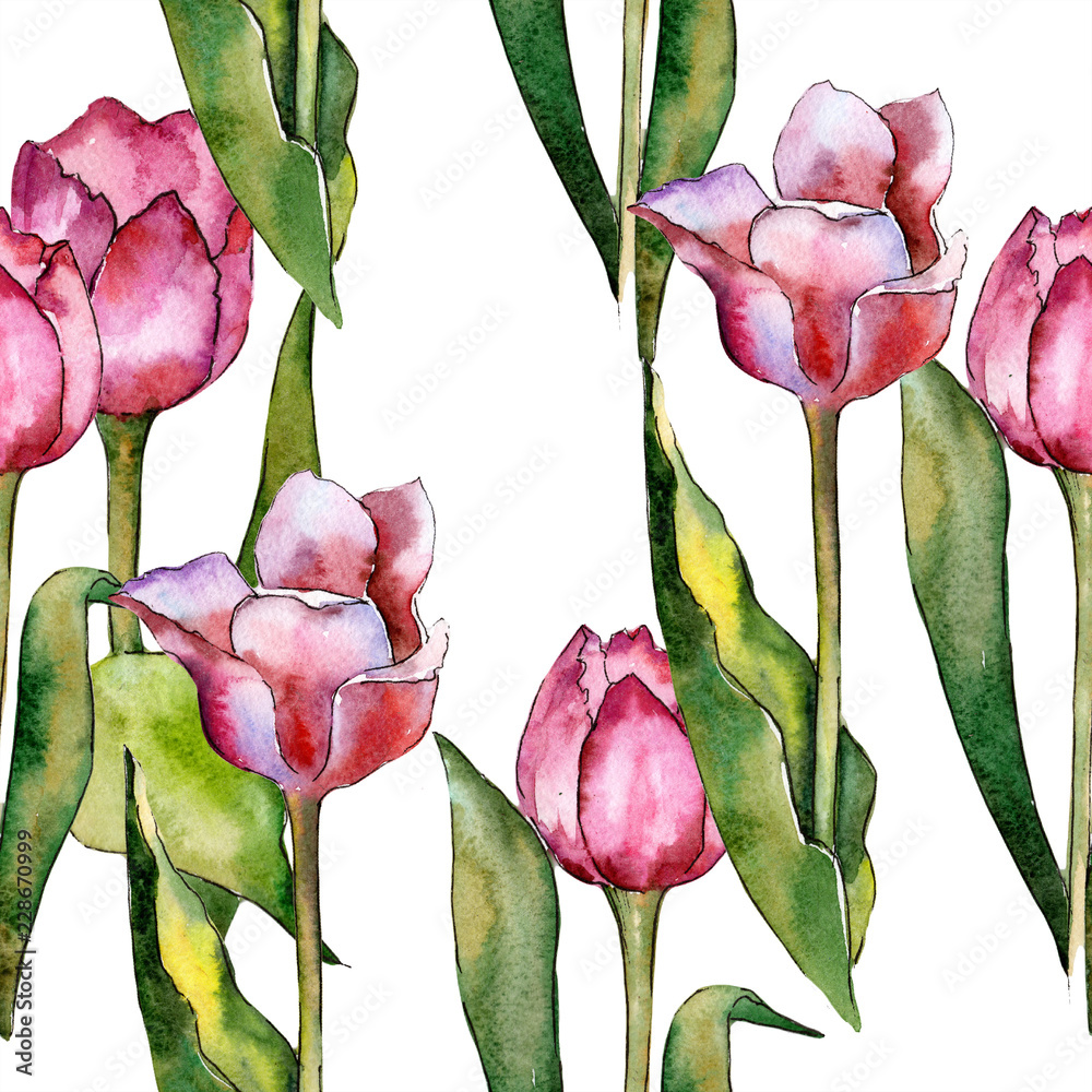 Fototapeta premium Watercolor pink tulip flower. Floral botanical flower. Seamless background pattern. Fabric wallpaper print texture. Aquarelle wildflower for background, texture, wrapper pattern, frame or border.