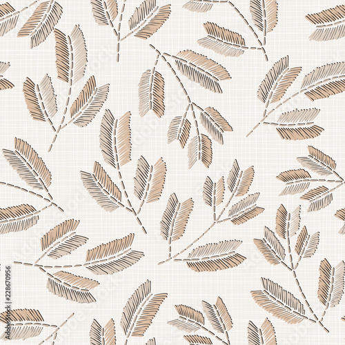  Embroidery floral seamless pattern on linen cloth texture