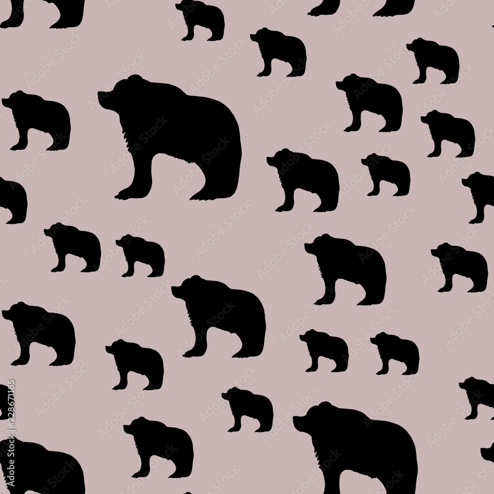 Naklejka premium Seamless pale pink pattern with black bear silhouettes. Stylish endless design with various animals figures for fabric, textile, furniture, furnishing, interior, prints, covers. Wildlife animals,fauna
