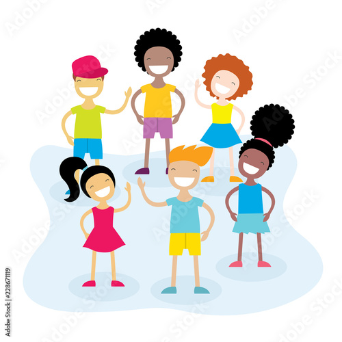 Group of happy children smiling on white background. Back to school theme. Vector cartoon characters.