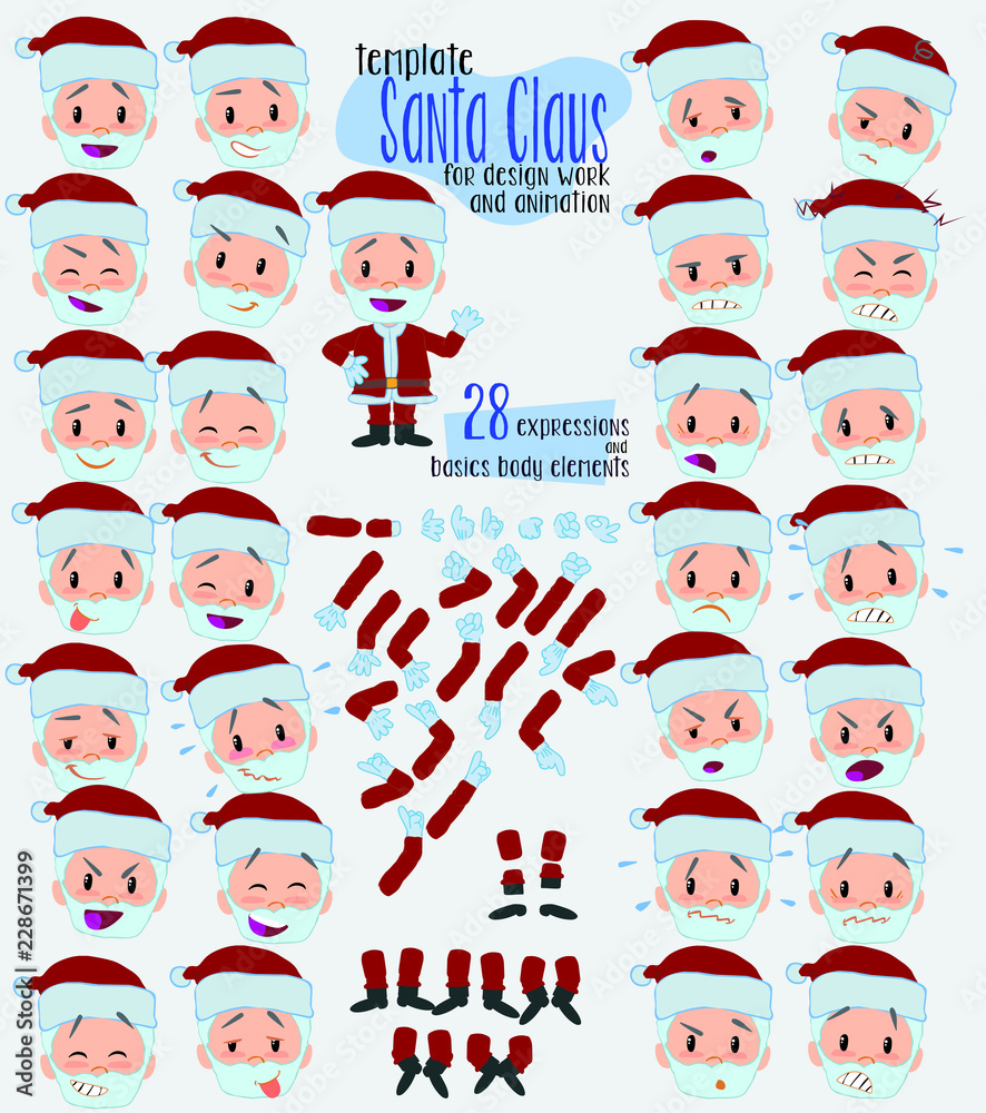 Santa Claus. Twenty eight expressions and basics body elements, template for design work and animation. Vector illustration to Isolated and funny cartoon character. Santa Claus. Twenty eight expressions and basics body elements, template for design work and animation. Vector illustration to Isolated and funny cartoon character.