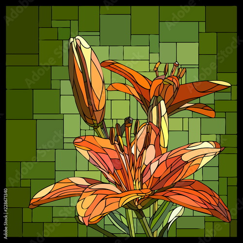 Vector stained glass window with blooming orange lilies and buds.