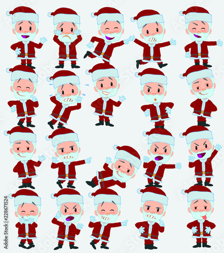Cartoon character Santa Claus. Set with different postures, attitudes and poses, doing different activities in isolated vector illustrations.