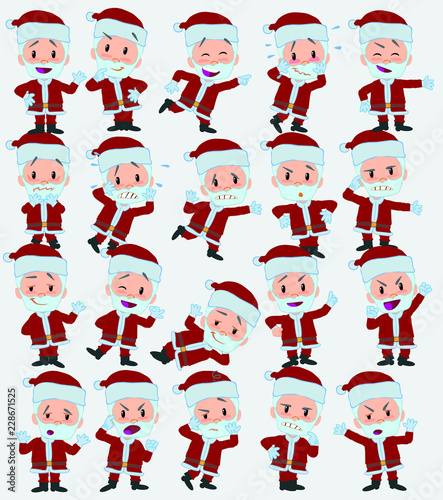 Cartoon character Santa Claus. Set with different postures, attitudes and poses, doing different activities in isolated vector illustrations.
