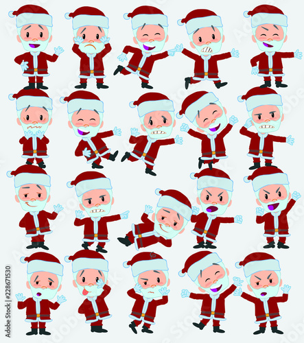 Cartoon character Santa Claus. Set with different postures, attitudes and poses, doing different activities in isolated vector illustrations.