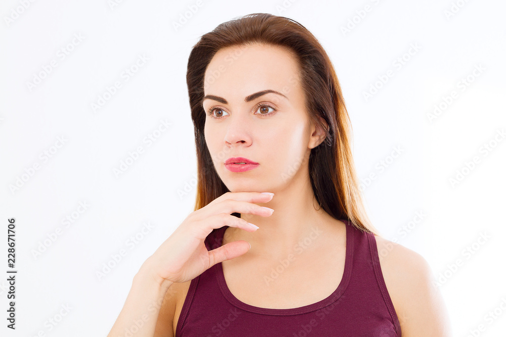 Macro Woman face with no wrinkles on forehead. Skin care and spa face beauty. Cosmetology facial treatment and anti aging concept. Copy space Macro Woman face with no wrinkles on forehead. Skin care and spa face beauty. Cosmetology facial treatment and anti aging concept. Copy space